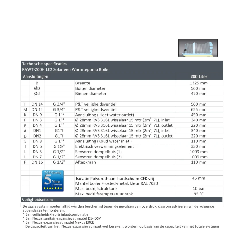 RVS boiler horizontaal - 200L - 2 XL 28mm warmtewisselaars
